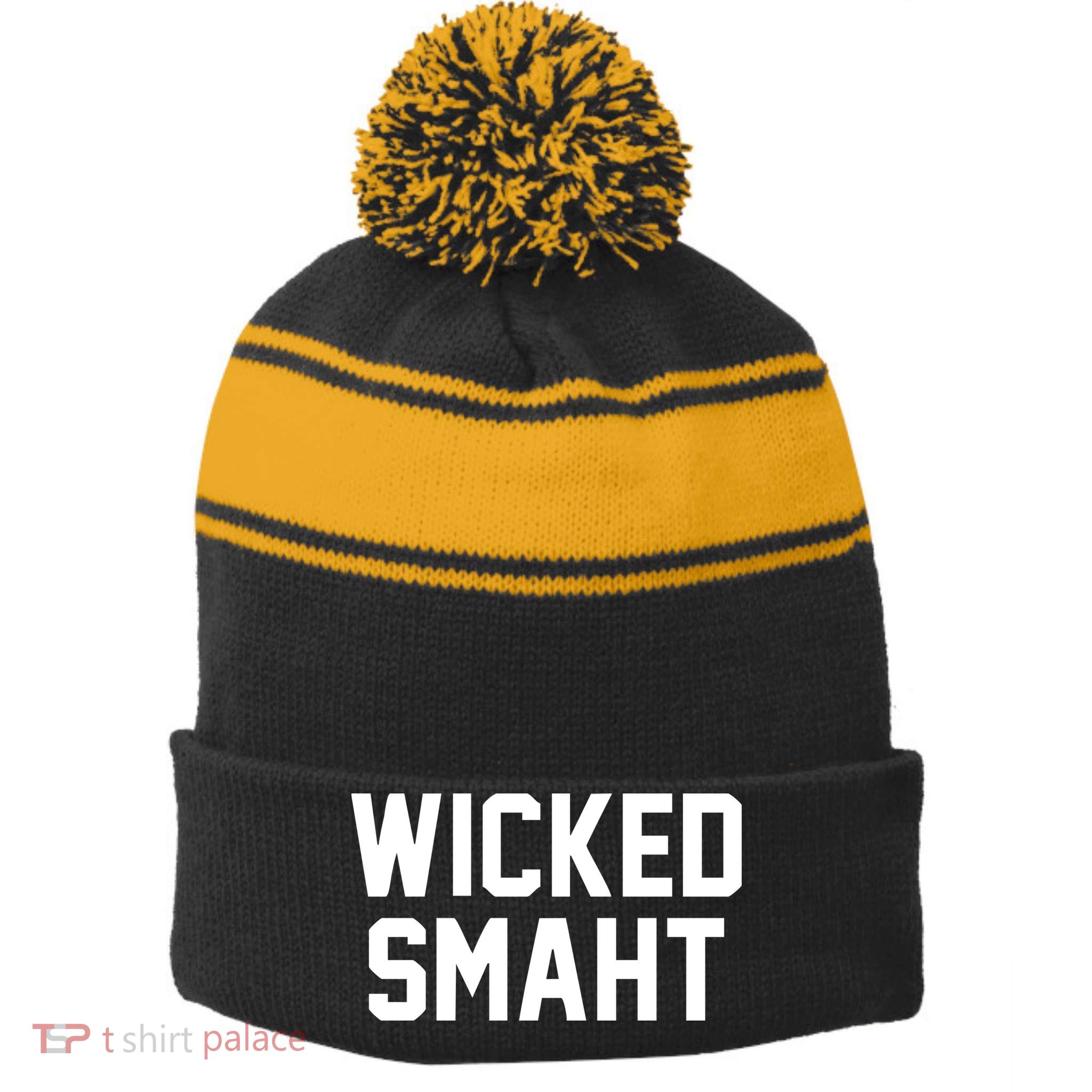Wicked Smaht Funny Stripe Pom Pom Beanie
