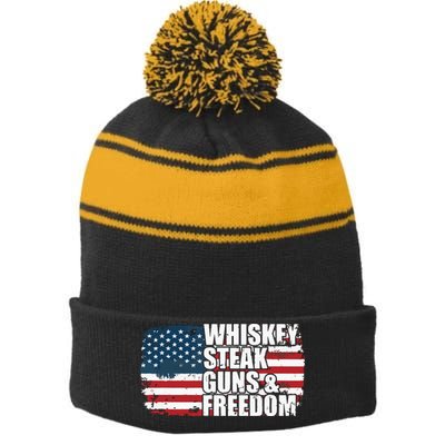 Whiskey Steak Guns And Freedom Patriotic Flag 4th Of July Stripe Pom Pom Beanie