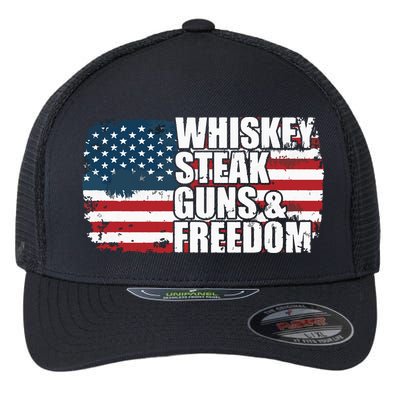 Whiskey Steak Guns And Freedom Patriotic Flag 4th Of July Flexfit Unipanel Trucker Cap