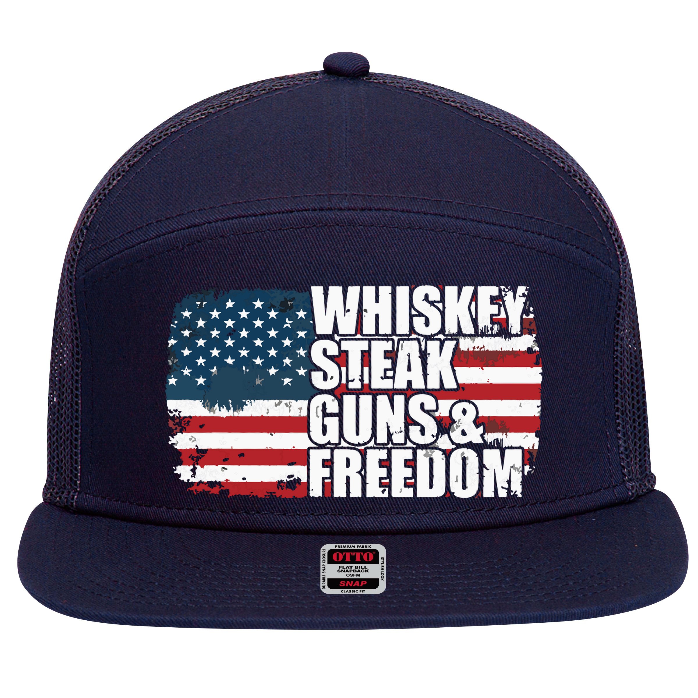 Whiskey Steak Guns And Freedom Patriotic Flag 4th Of July 7 Panel Mesh Trucker Snapback Hat