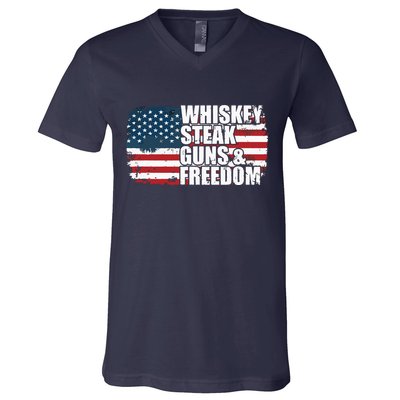 Whiskey Steak Guns And Freedom Patriotic Flag 4th Of July V-Neck T-Shirt