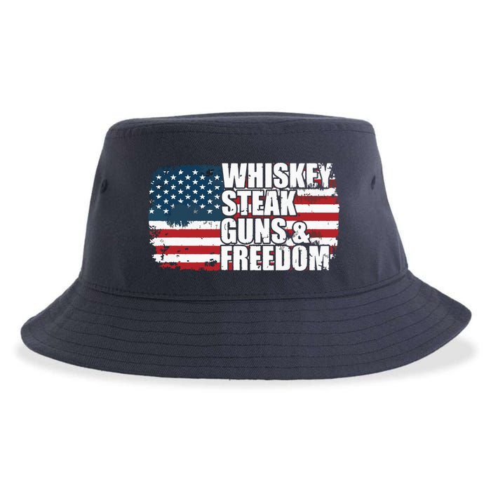 Whiskey Steak Guns And Freedom Patriotic Flag 4th Of July Sustainable Bucket Hat