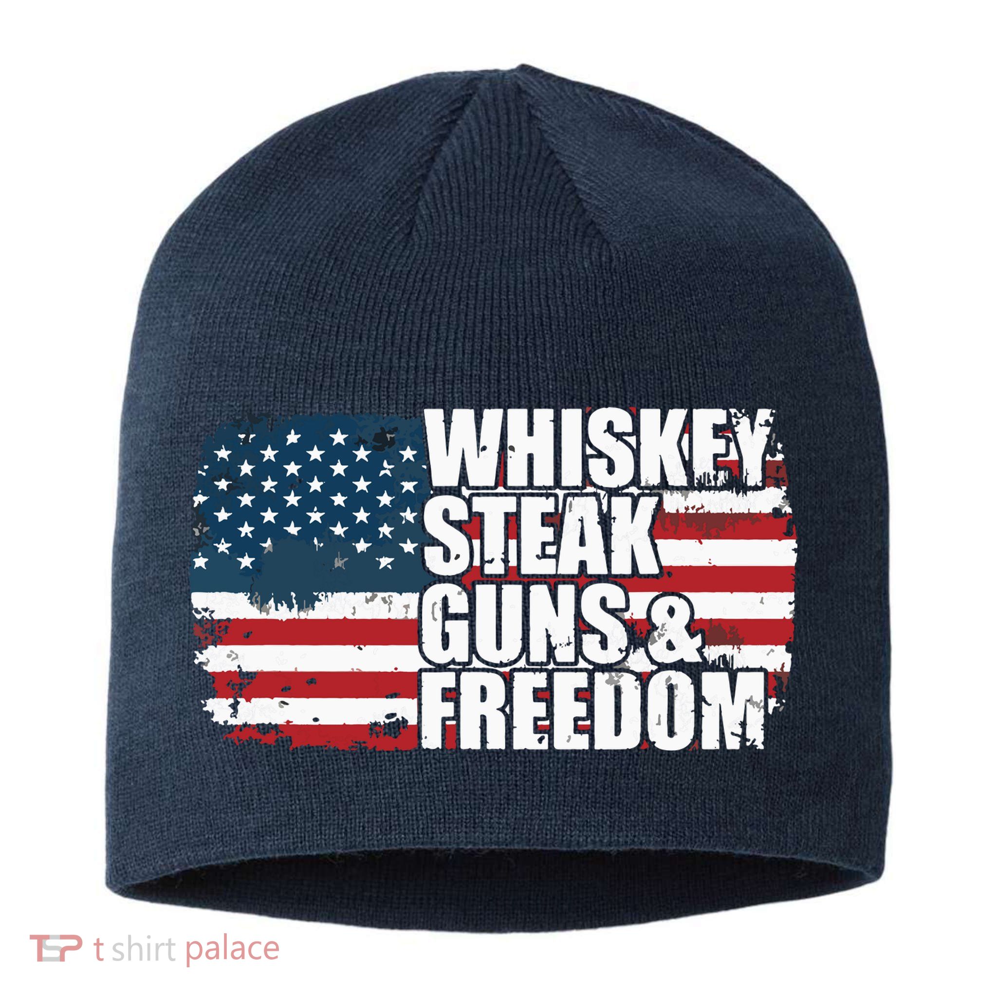 Whiskey Steak Guns And Freedom Patriotic Flag 4th Of July Sustainable Beanie