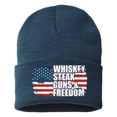 Whiskey Steak Guns And Freedom Patriotic Flag 4th Of July Sustainable Knit Beanie