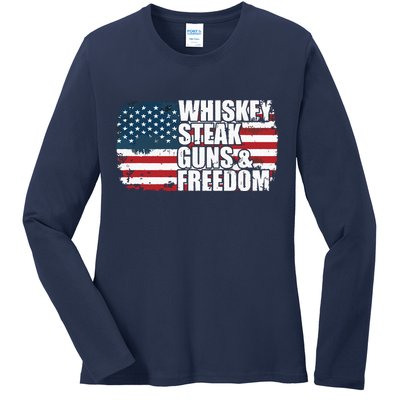 Whiskey Steak Guns And Freedom Patriotic Flag 4th Of July Ladies Long Sleeve Shirt