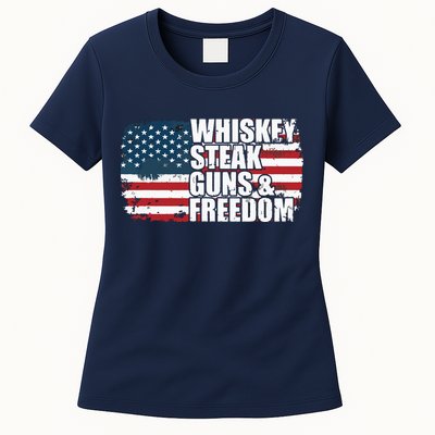Whiskey Steak Guns And Freedom Patriotic Flag 4th Of July Womens T-Shirt