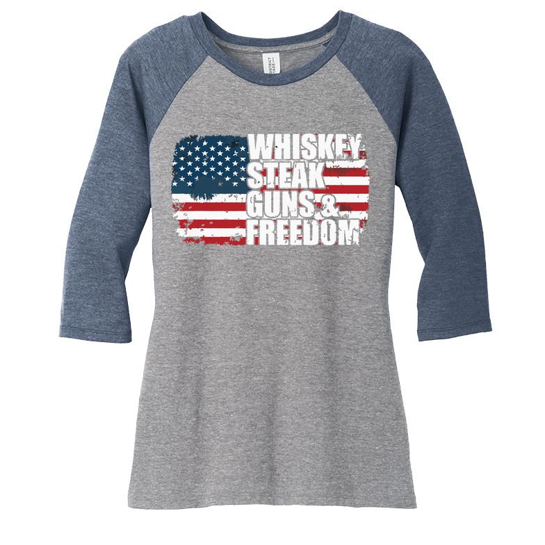 Whiskey Steak Guns And Freedom Patriotic Flag 4th Of July Women's Tri-Blend 3/4-Sleeve Raglan Shirt
