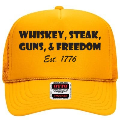 Whiskey Steak Guns And Freedom Patriotic US Flag 4th Of July High Crown Mesh Back Trucker Hat