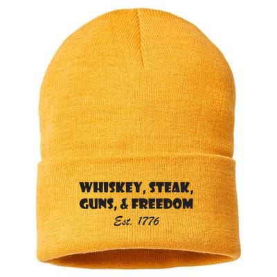 Whiskey Steak Guns And Freedom Patriotic US Flag 4th Of July Sustainable Knit Beanie