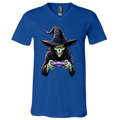 Witch Skeleton Gamer Halloween Monster Gaming Cool Gift V-Neck T-Shirt