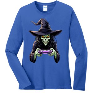 Witch Skeleton Gamer Halloween Monster Gaming Cool Gift Ladies Long Sleeve Shirt