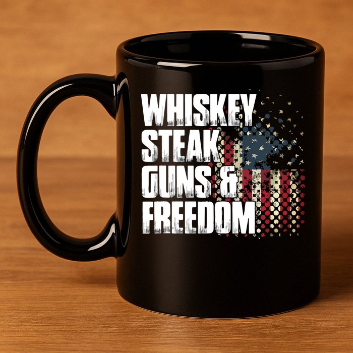 Whiskey Steak Guns Freedom Patriotic Flag Gift 11oz C Handle Ceramic Mug