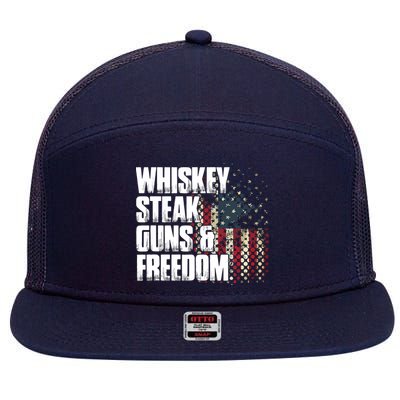 Whiskey Steak Guns Freedom Patriotic Flag Gift 7 Panel Mesh Trucker Snapback Hat