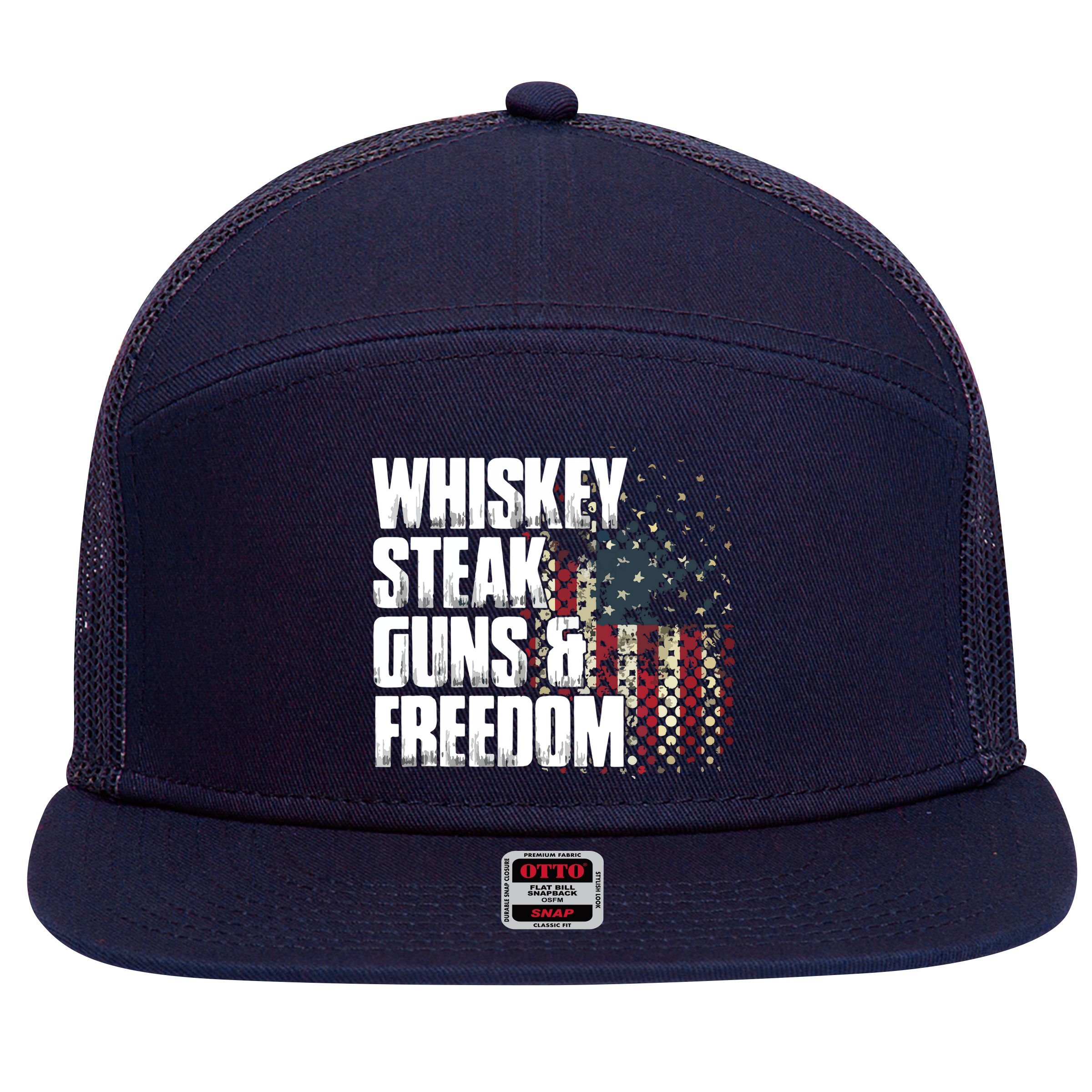 Whiskey Steak Guns Freedom Patriotic Flag Gift 7 Panel Mesh Trucker Snapback Hat