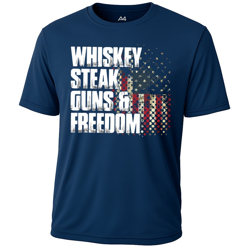 Whiskey Steak Guns Freedom Patriotic Flag Gift Cooling Performance Crew T-Shirt