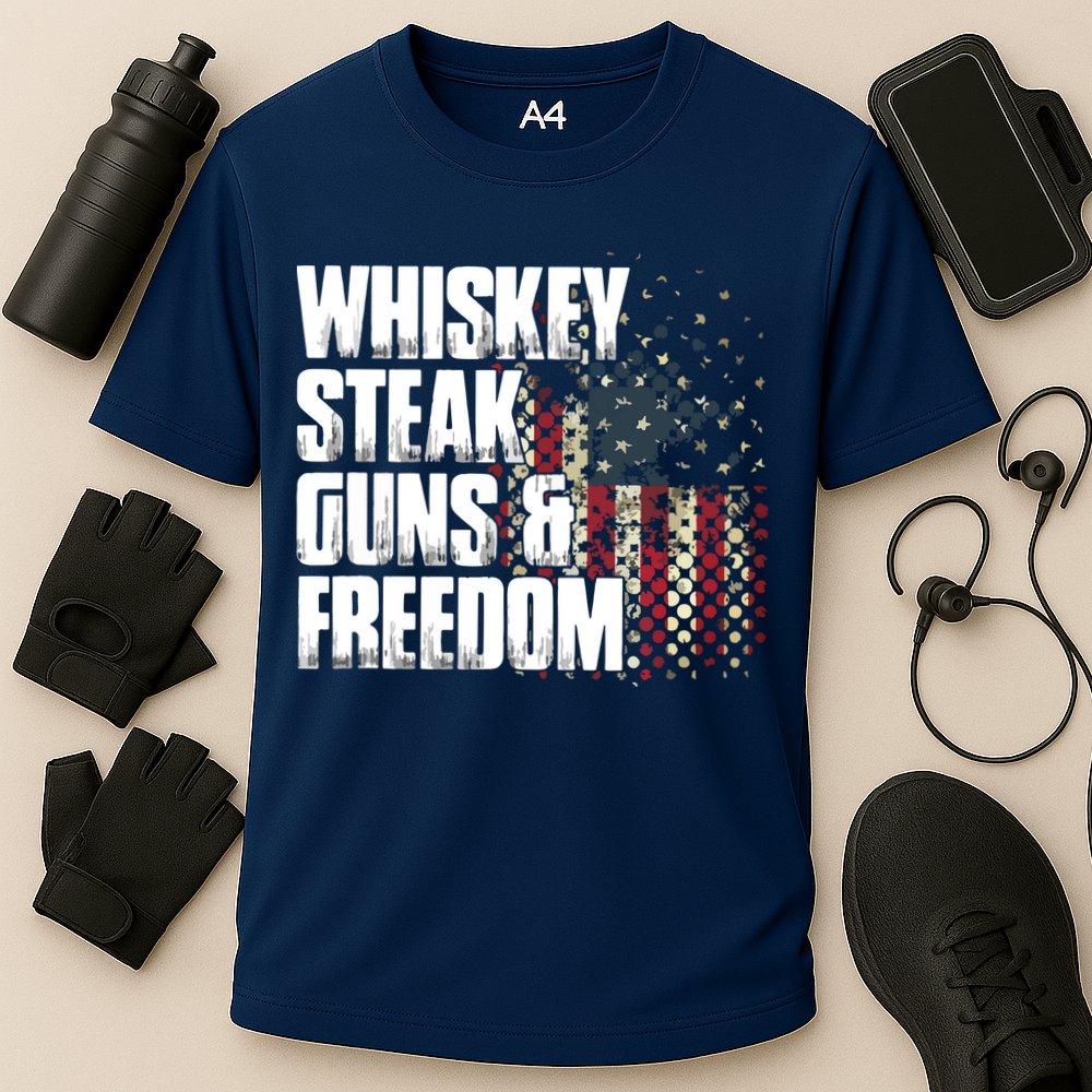 Whiskey Steak Guns Freedom Patriotic Flag Gift Cooling Performance Crew T-Shirt
