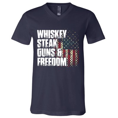Whiskey Steak Guns Freedom Patriotic Flag Gift V-Neck T-Shirt