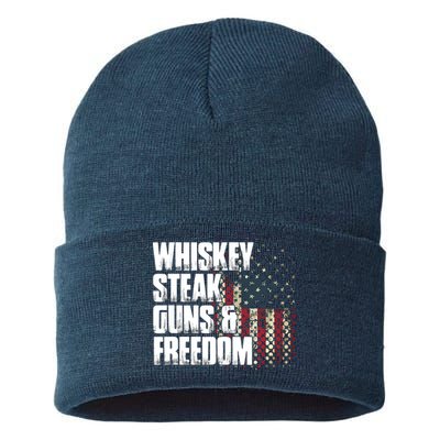 Whiskey Steak Guns Freedom Patriotic Flag Gift Sustainable Knit Beanie