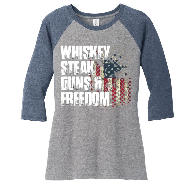 Whiskey Steak Guns Freedom Patriotic Flag Gift Women's Tri-Blend 3/4-Sleeve Raglan Shirt
