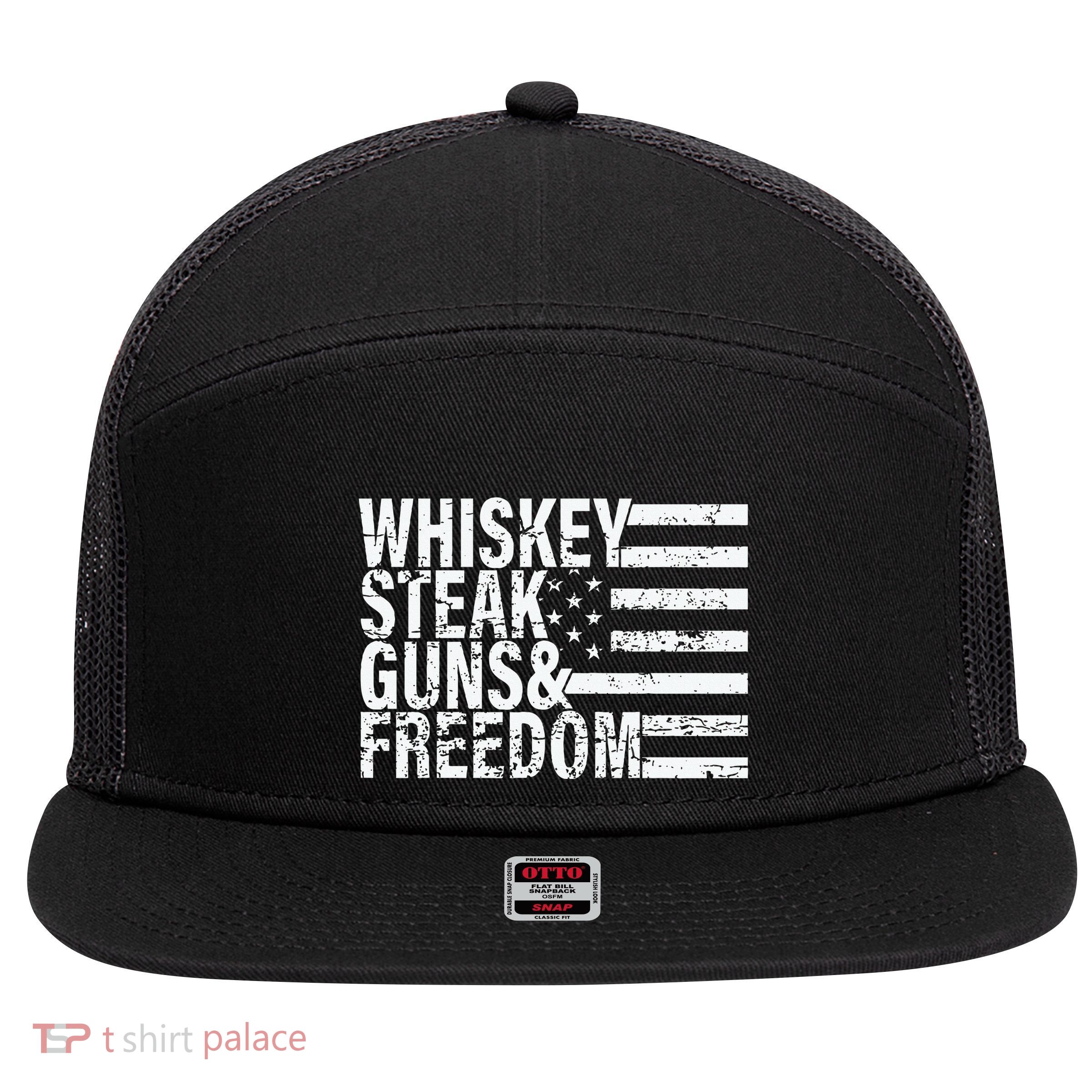 Whiskey Steak Guns And Freedom Pro America 7 Panel Mesh Trucker Snapback Hat