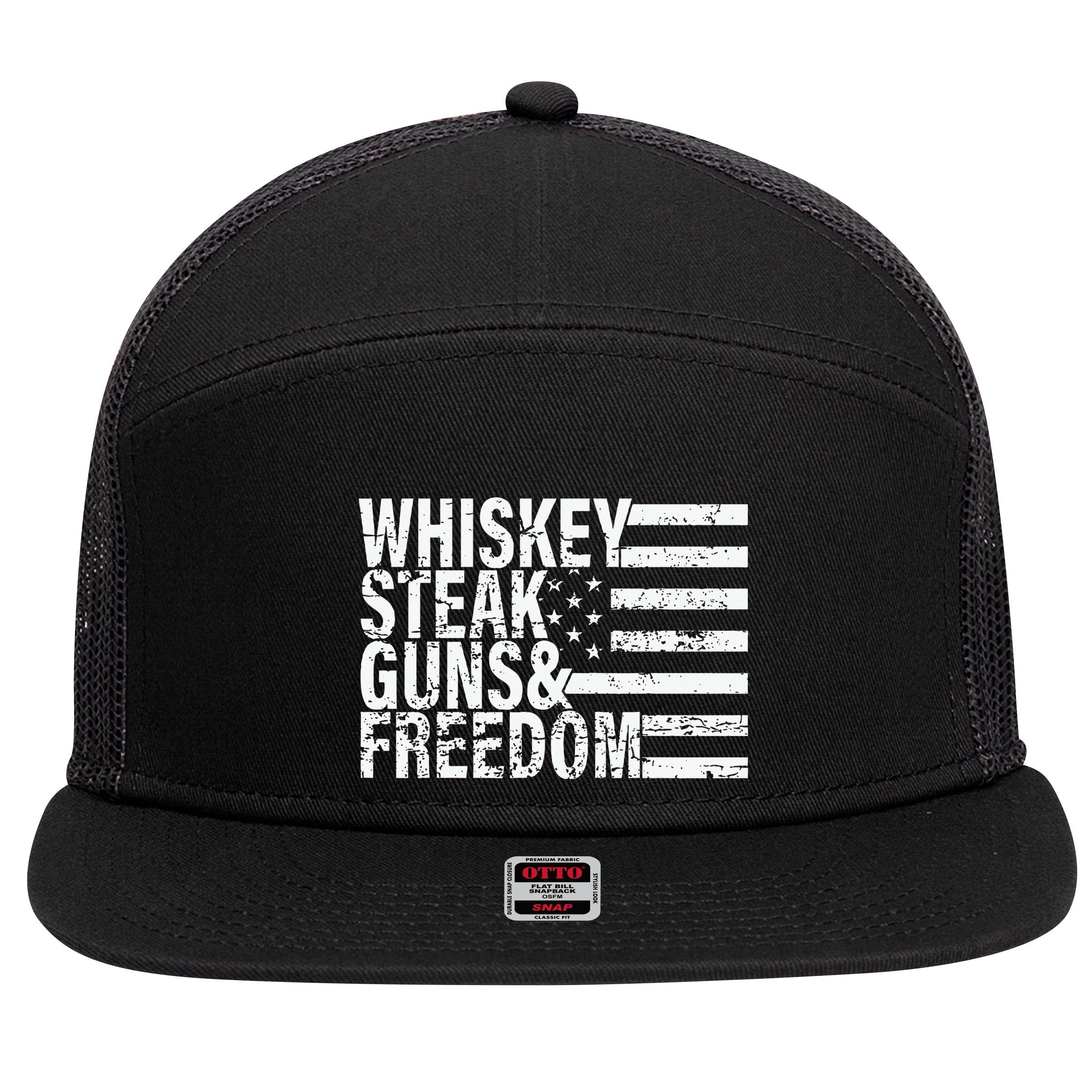Whiskey Steak Guns And Freedom Pro America 7 Panel Mesh Trucker Snapback Hat