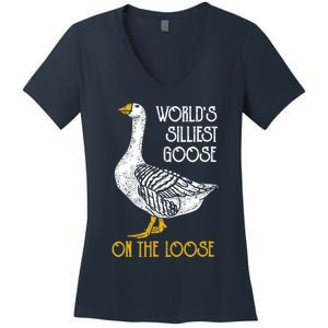 World's Silliest Goose On The Loose Funny Women's V-Neck T-Shirt