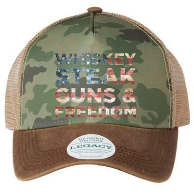 Whiskey Steak Guns And Freedom Patriotic US Flag 4th Of July Legacy Tie Dye Trucker Hat