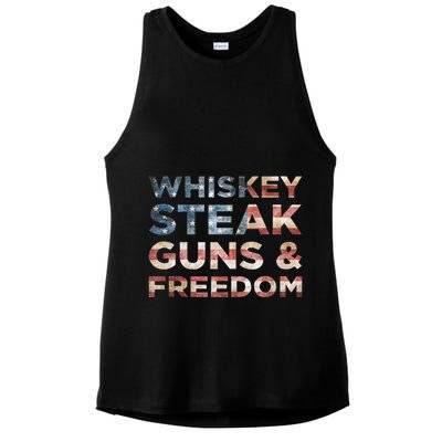 Whiskey Steak Guns And Freedom Patriotic US Flag 4th Of July Ladies PosiCharge Tri-Blend Wicking Tank