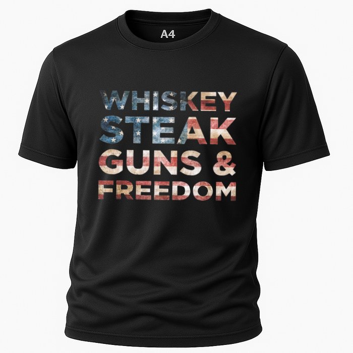 Whiskey Steak Guns And Freedom Patriotic US Flag 4th Of July Cooling Performance Crew T-Shirt