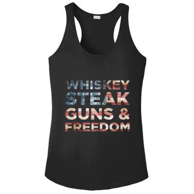 Whiskey Steak Guns And Freedom Patriotic US Flag 4th Of July Ladies PosiCharge Competitor Racerback Tank
