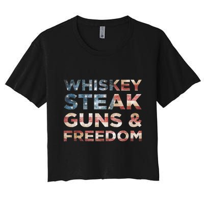 Whiskey Steak Guns And Freedom Patriotic US Flag 4th Of July Crop Top