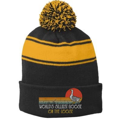 Worlds Silliest Goose On The Loose Funny Silly Stripe Pom Pom Beanie