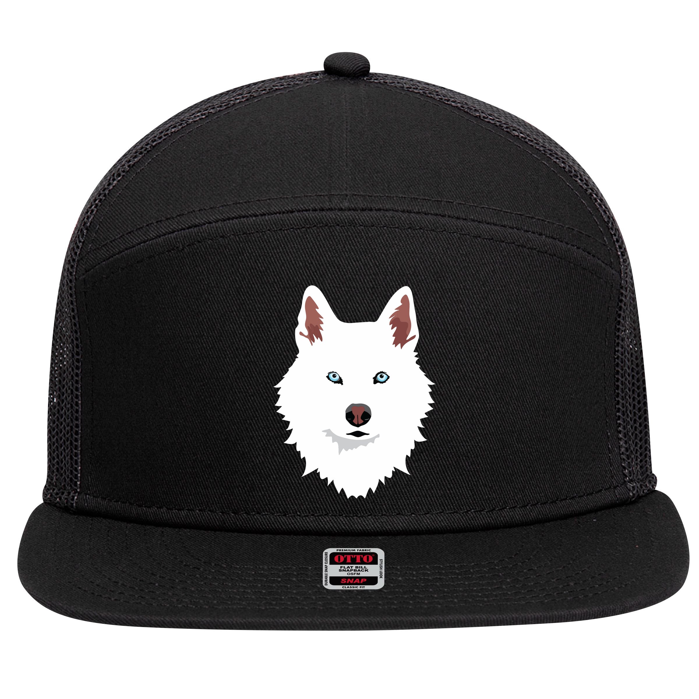 White Siberian Husky Canine White Snow Dog 7 Panel Mesh Trucker Snapback Hat