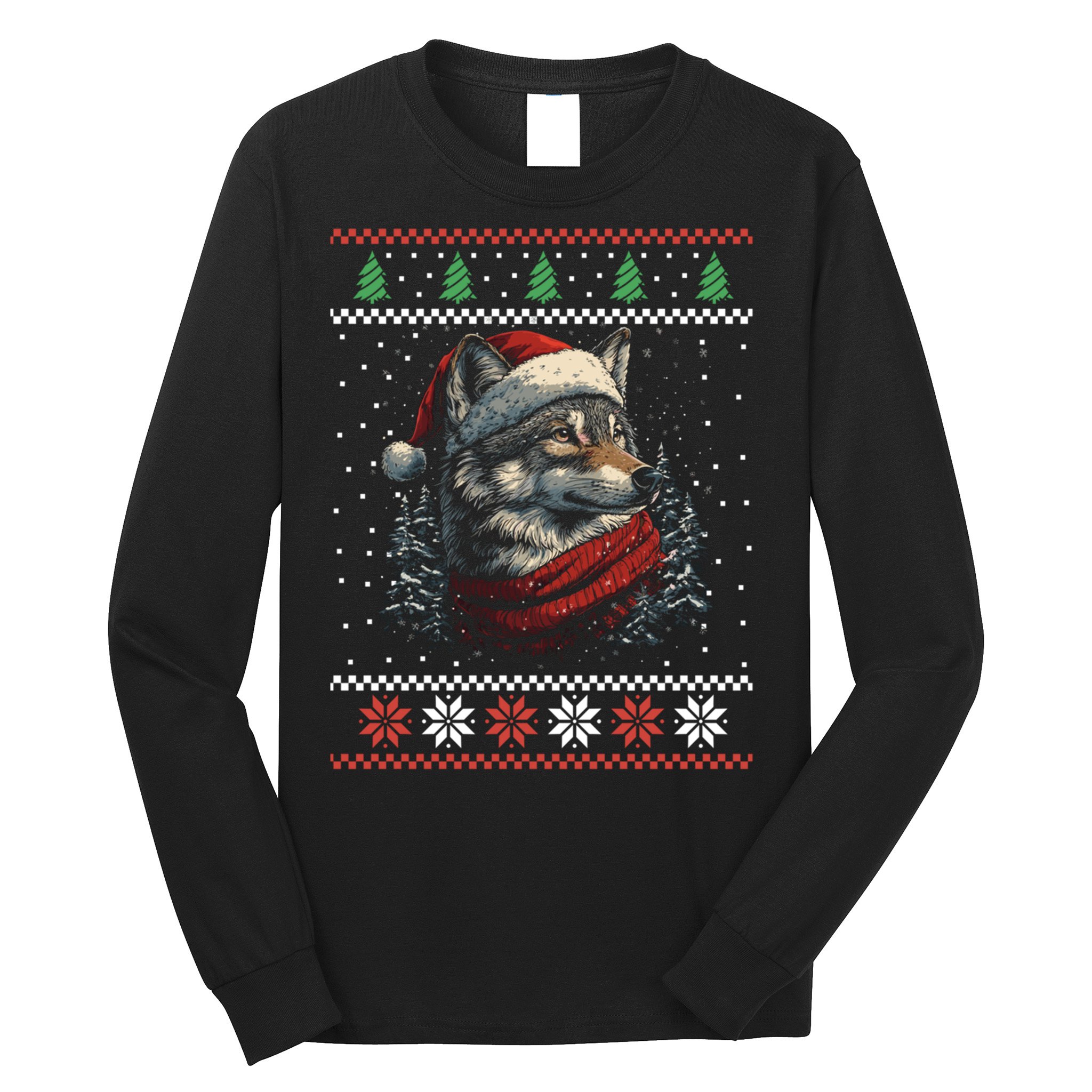 Wolf Santa Hat Ugly Christmas Cute Gift Long Sleeve Shirt