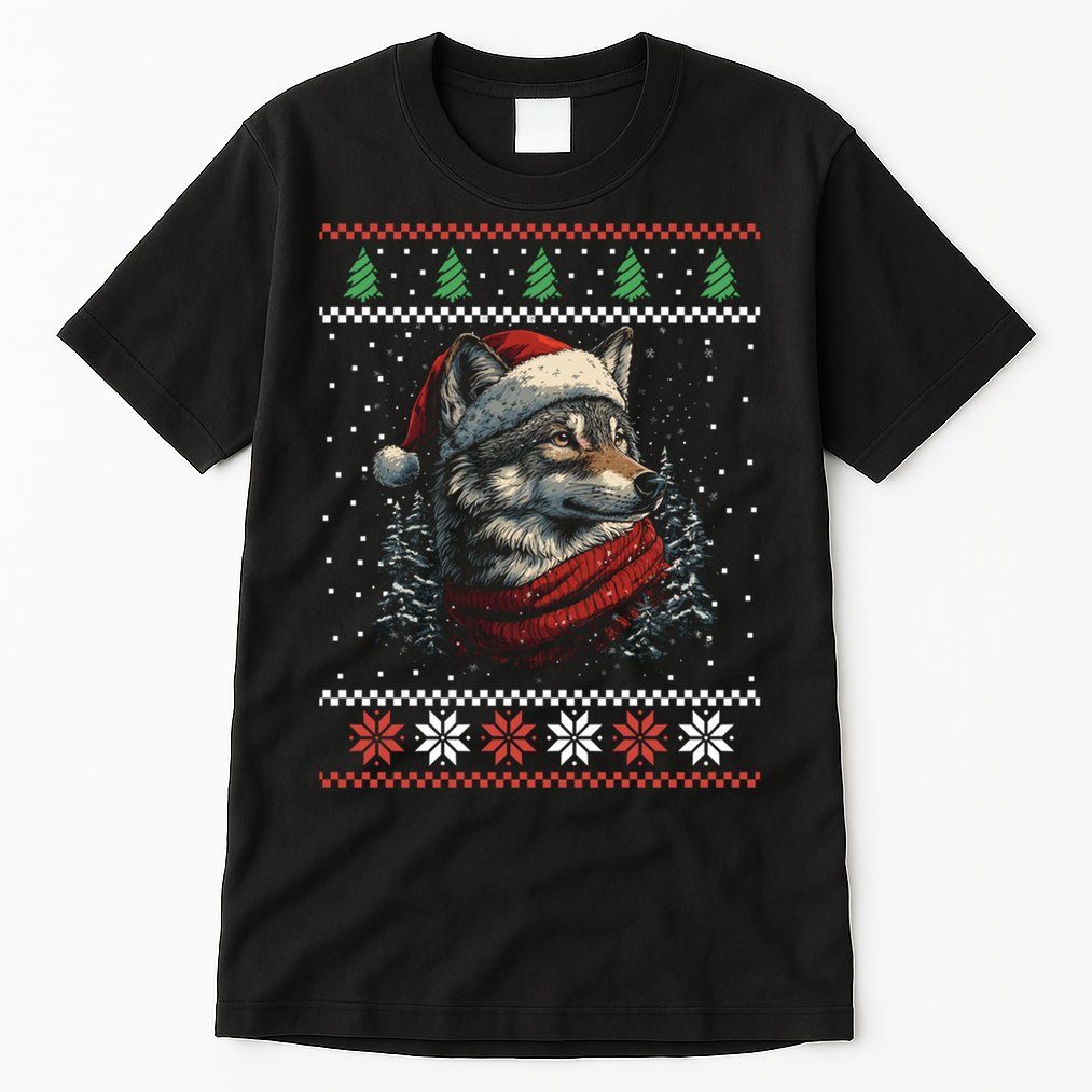 Wolf Santa Hat Ugly Christmas Cute Gift Tall T-Shirt