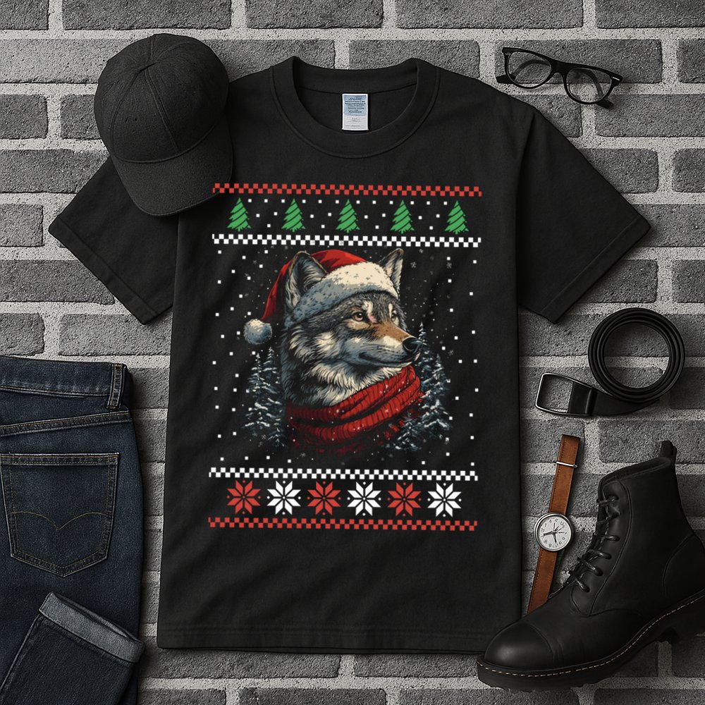 Wolf Santa Hat Ugly Christmas Cute Gift Tall T-Shirt