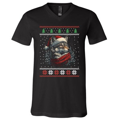 Wolf Santa Hat Ugly Christmas Cute Gift V-Neck T-Shirt