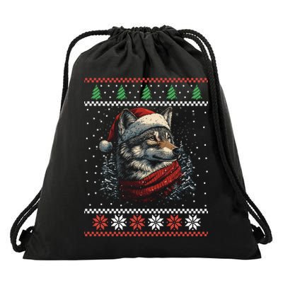 Wolf Santa Hat Ugly Christmas Cute Gift Drawstring Bag