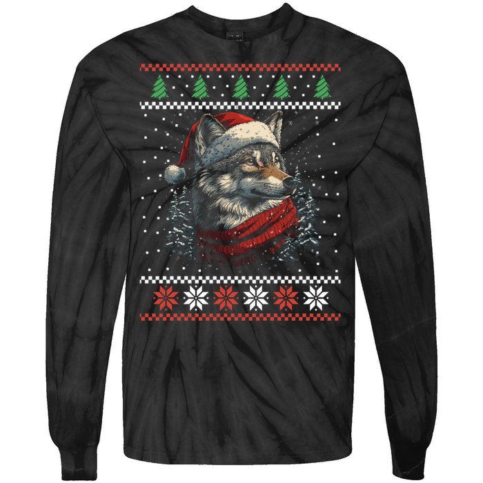 Wolf Santa Hat Ugly Christmas Cute Gift Tie-Dye Long Sleeve Shirt