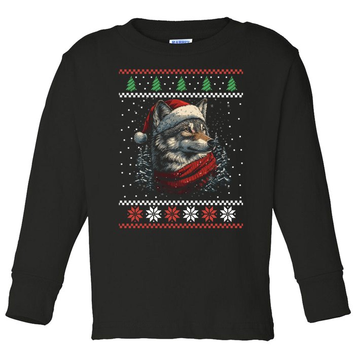 Wolf Santa Hat Ugly Christmas Cute Gift Toddler Long Sleeve Shirt