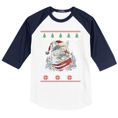 Wolf Santa Hat Ugly Christmas Cute Gift Baseball Sleeve Shirt