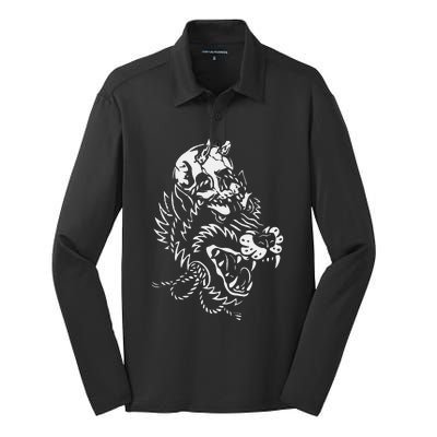 Wolf Skull Head Lazy Halloween Costume Goth Skeleton Bones Silk Touch Performance Long Sleeve Polo