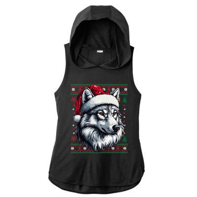 Wolf Santa Hat Ugly Christmas Funny Holiday Wolf Lover Gift Ladies PosiCharge Tri-Blend Wicking Draft Hoodie Tank