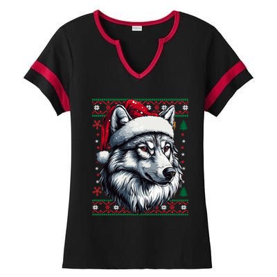 Wolf Santa Hat Ugly Christmas Funny Holiday Wolf Lover Gift Ladies Halftime Notch Neck Tee