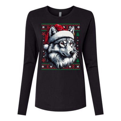 Wolf Santa Hat Ugly Christmas Funny Holiday Wolf Lover Gift Womens Cotton Relaxed Long Sleeve T-Shirt