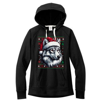 Wolf Santa Hat Ugly Christmas Funny Holiday Wolf Lover Gift Women's Fleece Hoodie