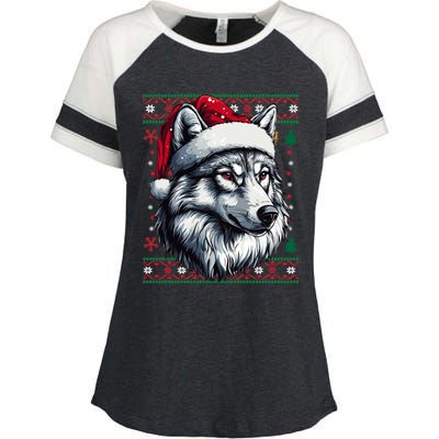 Wolf Santa Hat Ugly Christmas Funny Holiday Wolf Lover Gift Enza Ladies Jersey Colorblock Tee