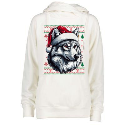 Wolf Santa Hat Ugly Christmas Funny Holiday Wolf Lover Gift Womens Funnel Neck Pullover Hood