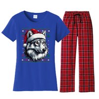 Wolf Santa Hat Ugly Christmas Funny Holiday Wolf Lover Gift Women's Flannel Pajama Set