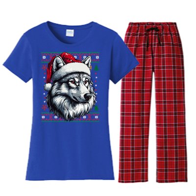 Wolf Santa Hat Ugly Christmas Funny Holiday Wolf Lover Gift Women's Flannel Pajama Set